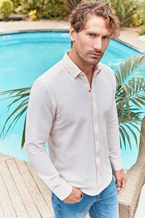 Hardal Uzun Kollu Çizgili Biritli Yaka Pamuklu Likralı Casual Slim Fit Dar Kesim Gömlek 1004240233