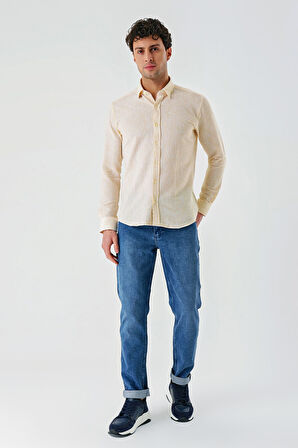 Hardal Uzun Kollu Çizgili Biritli Yaka Pamuklu Likralı Casual Slim Fit Dar Kesim Gömlek 1004240233