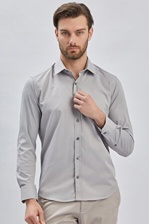 Gri Uzun Kollu Sert Yaka Cepsiz Pamuklu Likralı Klasik Slim Fit Dar Kesim Gömlek 1004240234