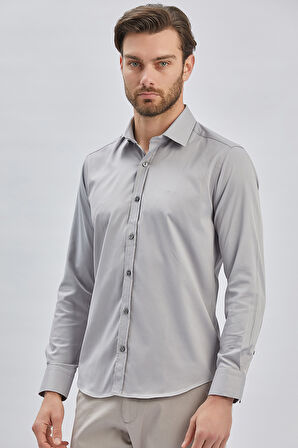Gri Uzun Kollu Sert Yaka Cepsiz Pamuklu Likralı Klasik Slim Fit Dar Kesim Gömlek 1004240234