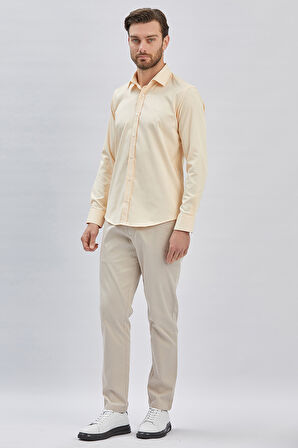 Açık Bej Uzun Kollu Sert Yaka Cepsiz Pamuklu Likralı Klasik Slim Fit Dar Kesim Gömlek 1004240234