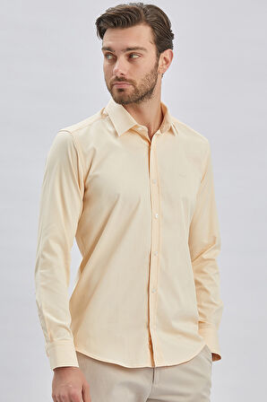 Açık Bej Uzun Kollu Sert Yaka Cepsiz Pamuklu Likralı Klasik Slim Fit Dar Kesim Gömlek 1004240234