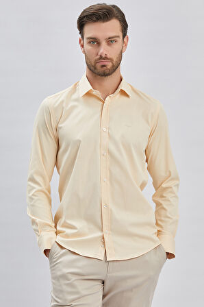 Açık Bej Uzun Kollu Sert Yaka Cepsiz Pamuklu Likralı Klasik Slim Fit Dar Kesim Gömlek 1004240234