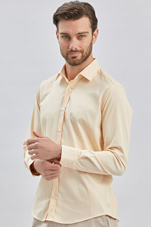 Açık Bej Uzun Kollu Sert Yaka Cepsiz Pamuklu Likralı Klasik Slim Fit Dar Kesim Gömlek 1004240234