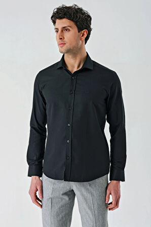 Siyah Uzun Kollu Oxford Cepsiz Pamuklu Klasik Slim Fit Dar Kesim Gömlek 1004240235