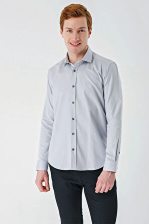 Gri Uzun Kollu Oxford Cepsiz Pamuklu Klasik Slim Fit Dar Kesim Gömlek 1004240235