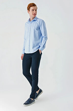 Koyu Mavi Uzun Kollu Oxford Cepsiz Pamuklu Klasik Slim Fit Dar Kesim Gömlek 1004240235