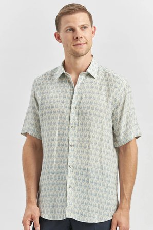 Koyu Mavi Kısa Kollu Baskılı Düğmeli Yaka Keten Casual Slim Fit Dar Kesim Gömlek 1004240241
