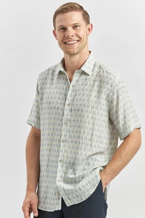 Koyu Mavi Kısa Kollu Baskılı Düğmeli Yaka Keten Casual Slim Fit Dar Kesim Gömlek 1004240241