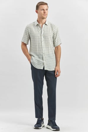 Koyu Mavi Kısa Kollu Baskılı Düğmeli Yaka Keten Casual Slim Fit Dar Kesim Gömlek 1004240241