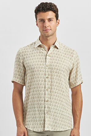 Yeşil Kısa Kollu Baskılı Düğmeli Yaka Keten Casual Slim Fit Dar Kesim Gömlek 1004240241