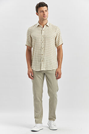 Yeşil Kısa Kollu Baskılı Düğmeli Yaka Keten Casual Slim Fit Dar Kesim Gömlek 1004240241