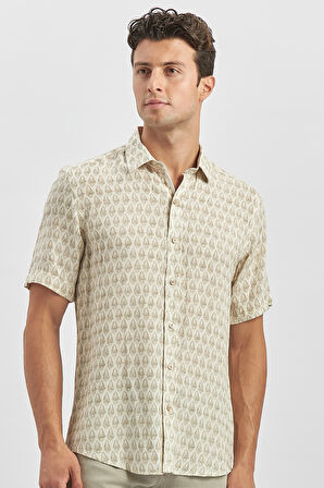 Yeşil Kısa Kollu Baskılı Düğmeli Yaka Keten Casual Slim Fit Dar Kesim Gömlek 1004240241