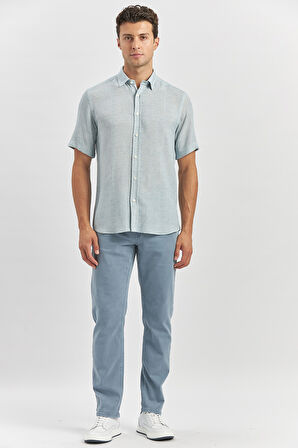 Koyu Lacivert Kısa Kollu Düğmeli Yaka Biyeli Keten Casual Slim Fit Dar Kesim Gömlek 1004240242