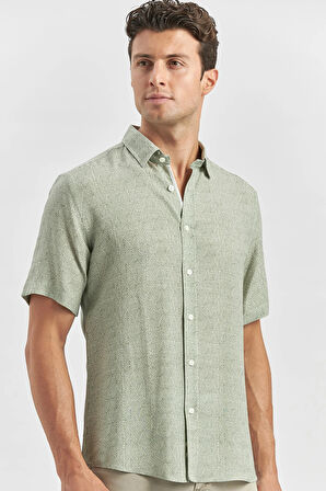 Koyu Yeşil Kısa Kollu Düğmeli Yaka Biyeli Keten Casual Slim Fit Dar Kesim Gömlek 1004240242