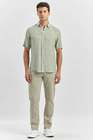 Koyu Yeşil Kısa Kollu Düğmeli Yaka Biyeli Keten Casual Slim Fit Dar Kesim Gömlek 1004240242