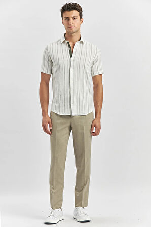 Koyu Haki Kısa Kollu Çizgili Armürlü Garnili Pamuklu Casual Slim Fit Dar Kesim Gömlek 1004240244