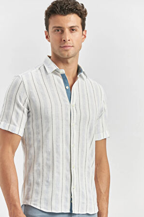 Koyu Mavi Kısa Kollu Çizgili Armürlü Pamuklu Casual Slim Fit Dar Kesim Gömlek 1004240245