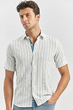 Koyu Mavi Kısa Kollu Çizgili Armürlü Pamuklu Casual Slim Fit Dar Kesim Gömlek 1004240245