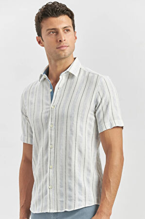 Koyu Mavi Kısa Kollu Çizgili Armürlü Pamuklu Casual Slim Fit Dar Kesim Gömlek 1004240245