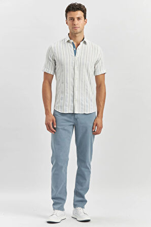 Koyu Mavi Kısa Kollu Çizgili Armürlü Pamuklu Casual Slim Fit Dar Kesim Gömlek 1004240245