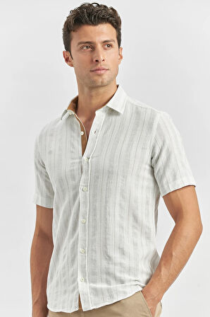 Bej Kısa Kollu Çizgili Armürlü Pamuklu Casual Slim Fit Dar Kesim Gömlek 1004240245