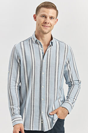 Koyu Mavi Kısalabilir Kollu Çizgili %100 Pamuk Casual Comfort Fit Gömlek 1004240246