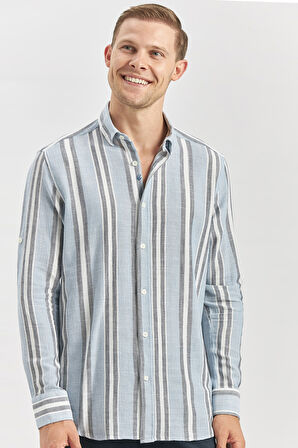 Koyu Mavi Kısalabilir Kollu Çizgili %100 Pamuk Casual Comfort Fit Gömlek 1004240246