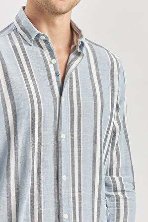 Koyu Mavi Kısalabilir Kollu Çizgili %100 Pamuk Casual Comfort Fit Gömlek 1004240246