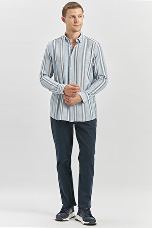 Koyu Mavi Kısalabilir Kollu Çizgili %100 Pamuk Casual Comfort Fit Gömlek 1004240246