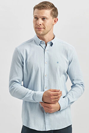 Mavi Uzun Kollu Gofreli Biyeli %100 Pamuk Casual Slim Fit Dar Kesim Gömlek 1004240247