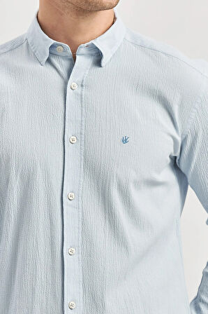 Mavi Uzun Kollu Gofreli Biyeli %100 Pamuk Casual Slim Fit Dar Kesim Gömlek 1004240247