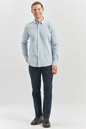 Mavi Uzun Kollu Gofreli Biyeli %100 Pamuk Casual Slim Fit Dar Kesim Gömlek 1004240247