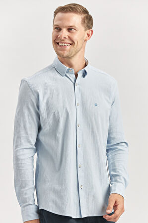Mavi Uzun Kollu Gofreli Biyeli %100 Pamuk Casual Slim Fit Dar Kesim Gömlek 1004240247