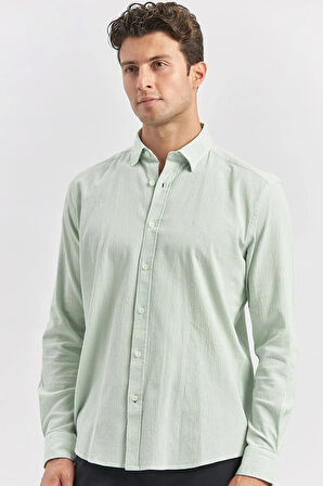 Açık Turkuaz Uzun Kollu Gofreli Biyeli %100 Pamuk Casual Slim Fit Dar Kesim Gömlek 1004240247