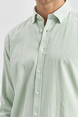 Açık Turkuaz Uzun Kollu Gofreli Biyeli %100 Pamuk Casual Slim Fit Dar Kesim Gömlek 1004240247