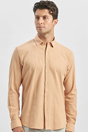 Turuncu Uzun Kollu Gofreli Biyeli %100 Pamuk Casual Slim Fit Dar Kesim Gömlek 1004240247