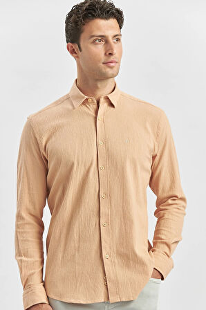 Turuncu Uzun Kollu Gofreli Biyeli %100 Pamuk Casual Slim Fit Dar Kesim Gömlek 1004240247