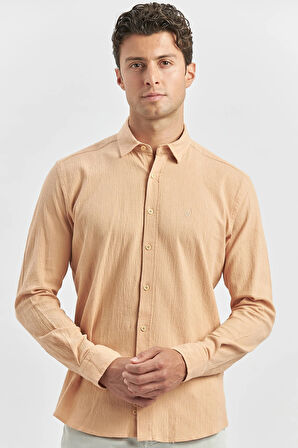 Turuncu Uzun Kollu Gofreli Biyeli %100 Pamuk Casual Slim Fit Dar Kesim Gömlek 1004240247