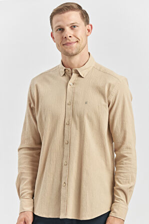 Kayısı Uzun Kollu Gofreli Biyeli %100 Pamuk Casual Slim Fit Dar Kesim Gömlek 1004240247