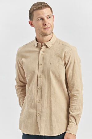 Kayısı Uzun Kollu Gofreli Biyeli %100 Pamuk Casual Slim Fit Dar Kesim Gömlek 1004240247