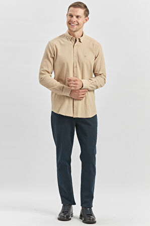 Kayısı Uzun Kollu Gofreli Biyeli %100 Pamuk Casual Slim Fit Dar Kesim Gömlek 1004240247