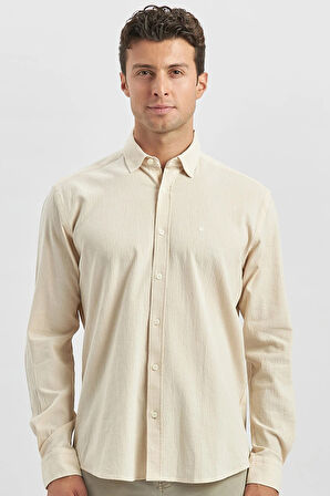 Bej Uzun Kollu Gofreli Biyeli %100 Pamuk Casual Slim Fit Dar Kesim Gömlek 1004240247