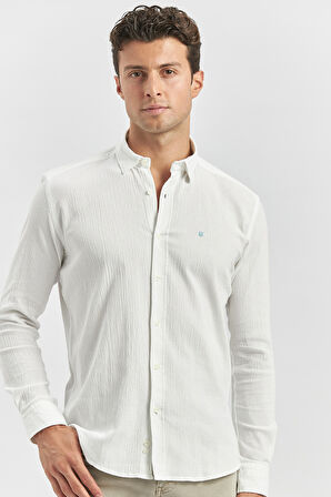 Beyaz Uzun Kollu Gofreli Biyeli %100 Pamuk Casual Slim Fit Dar Kesim Gömlek 1004240247