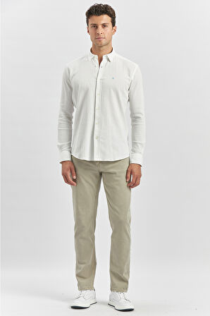 Beyaz Uzun Kollu Gofreli Biyeli %100 Pamuk Casual Slim Fit Dar Kesim Gömlek 1004240247