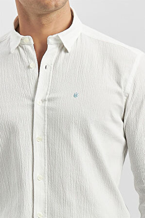 Beyaz Uzun Kollu Gofreli Biyeli %100 Pamuk Casual Slim Fit Dar Kesim Gömlek 1004240247