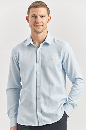 Koyu Mavi Uzun Kol Kendinden Desenli Armürlü 032 Sert Yaka Casual Slim Fit Gömlek 1004240249