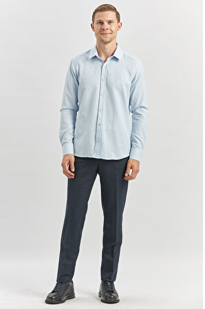 Koyu Mavi Uzun Kol Kendinden Desenli Armürlü 032 Sert Yaka Casual Slim Fit Gömlek 1004240249