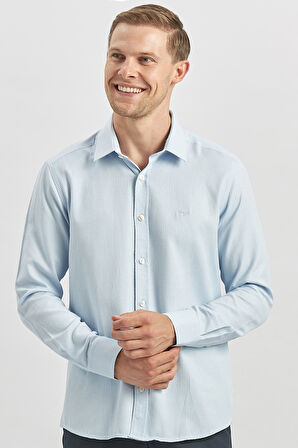 Koyu Mavi Uzun Kol Kendinden Desenli Armürlü 032 Sert Yaka Casual Slim Fit Gömlek 1004240249