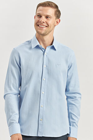 Mavi Uzun Kol Kendinden Desenli Armürlü 032 Sert Yaka Casual Slim Fit Gömlek 1004240249
